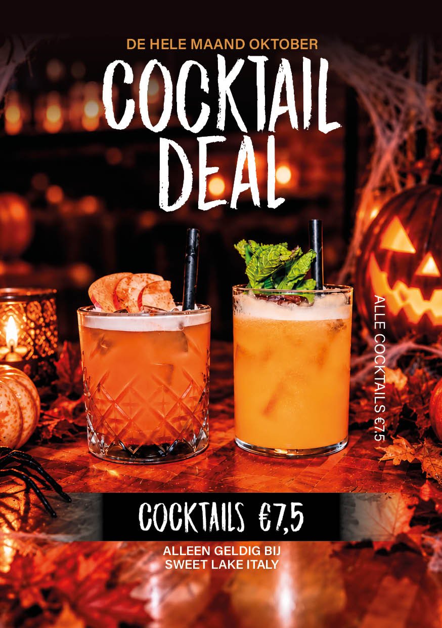 Cocktaildeal bij Sweet Lake Italy: alle cocktails voor €7,50 in oktober, met twee cocktails en Halloweenversiering.